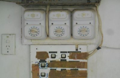 Sub/board multi-switch is broken. Switches panel used celotape to close which is unsafe. To replace with a safer switch. Feed wire from switchboard had a direct contact with metal part of switchboard and the switch panel